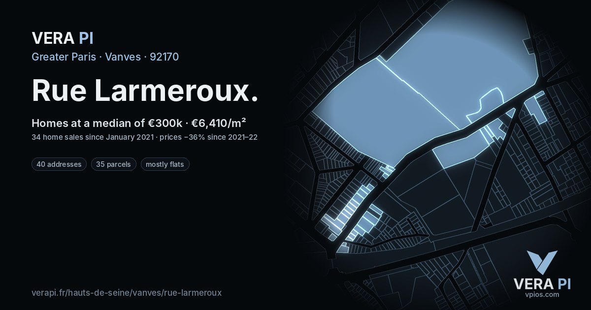 Rue Larmeroux, Vanves at night – every parcel coloured by the prices around it, the street's own parcels lit