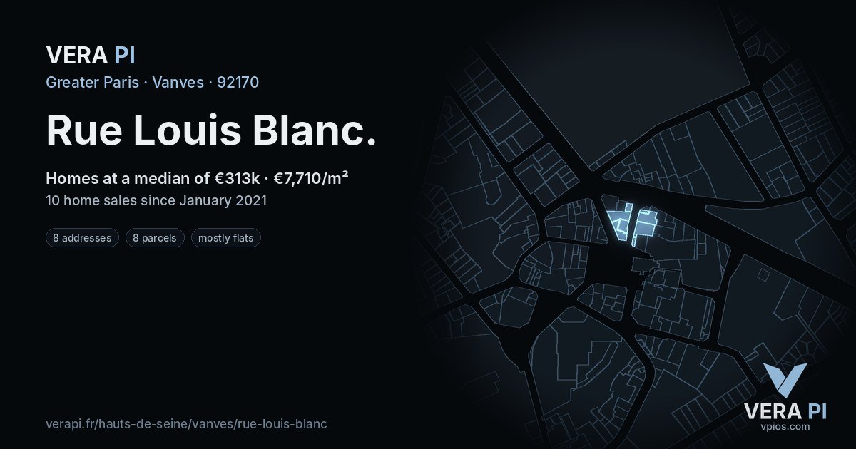 Rue Louis Blanc, Vanves at night – every parcel coloured by the prices around it, the street's own parcels lit