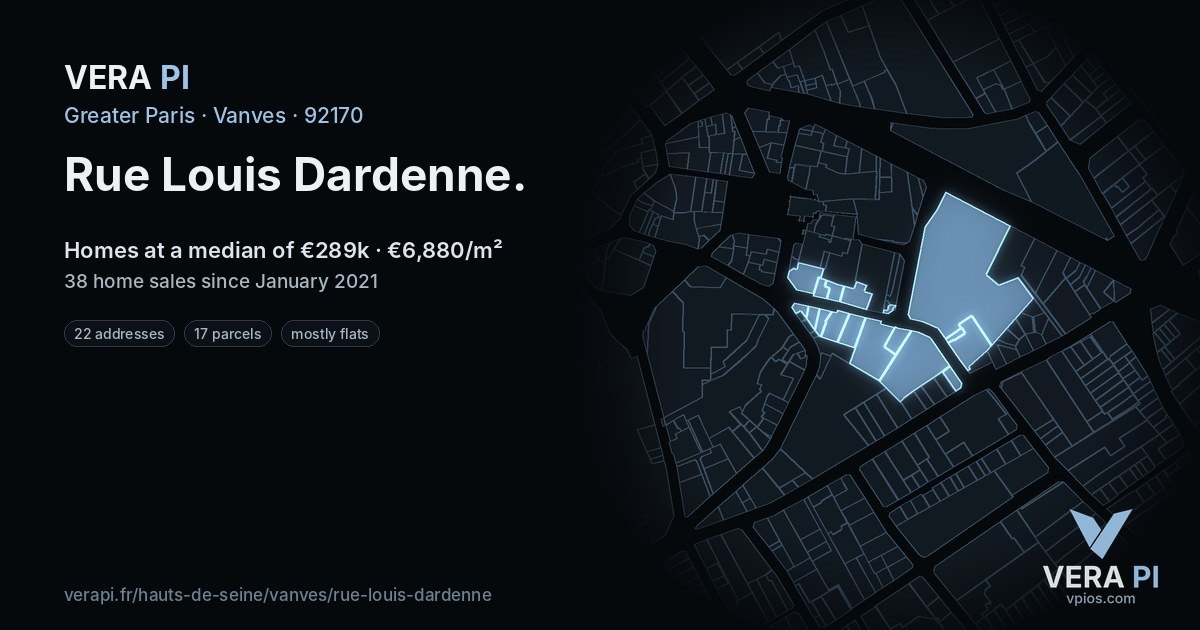 Rue Louis Dardenne, Vanves at night – every parcel coloured by the prices around it, the street's own parcels lit