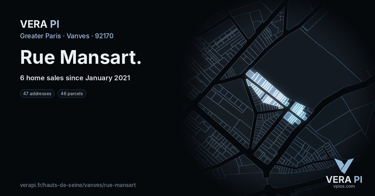 Rue Mansart, Vanves at night – every parcel coloured by the prices around it, the street's own parcels lit