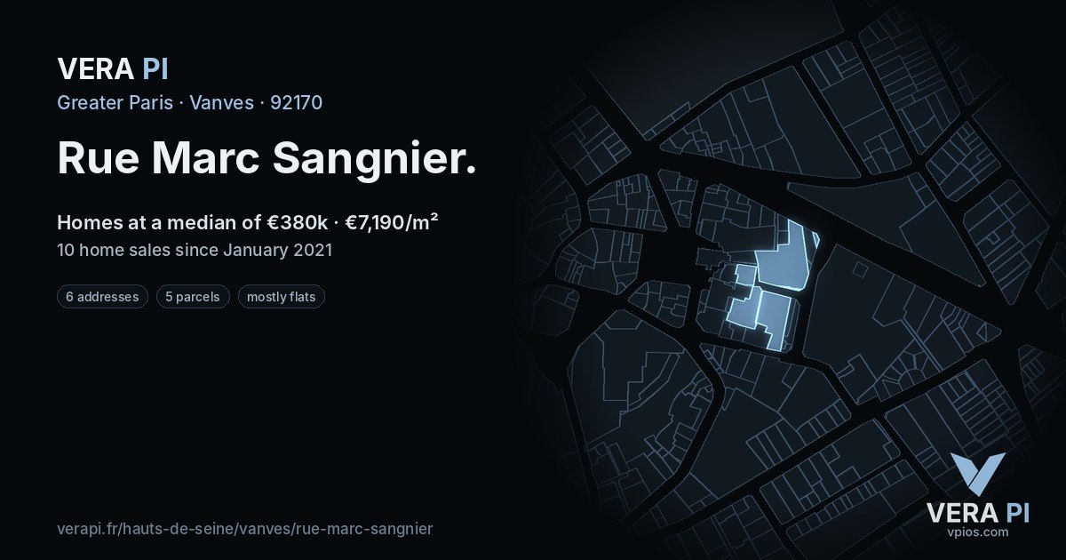 Rue Marc Sangnier, Vanves at night – every parcel coloured by the prices around it, the street's own parcels lit