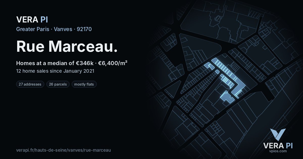 Rue Marceau, Vanves at night – every parcel coloured by the prices around it, the street's own parcels lit