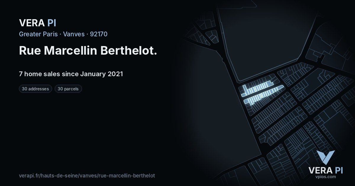 Rue Marcellin Berthelot, Vanves at night – every parcel coloured by the prices around it, the street's own parcels lit