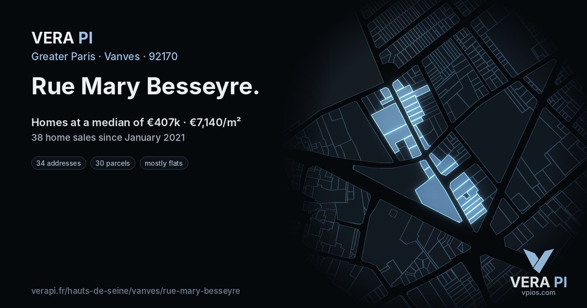 Rue Mary Besseyre, Vanves at night – every parcel coloured by the prices around it, the street's own parcels lit