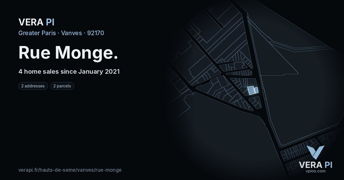 Rue Monge, Vanves at night – every parcel coloured by the prices around it, the street's own parcels lit