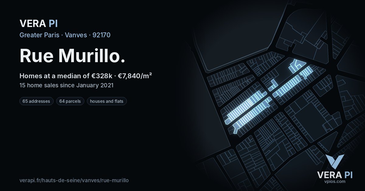 Rue Murillo, Vanves at night – every parcel coloured by the prices around it, the street's own parcels lit