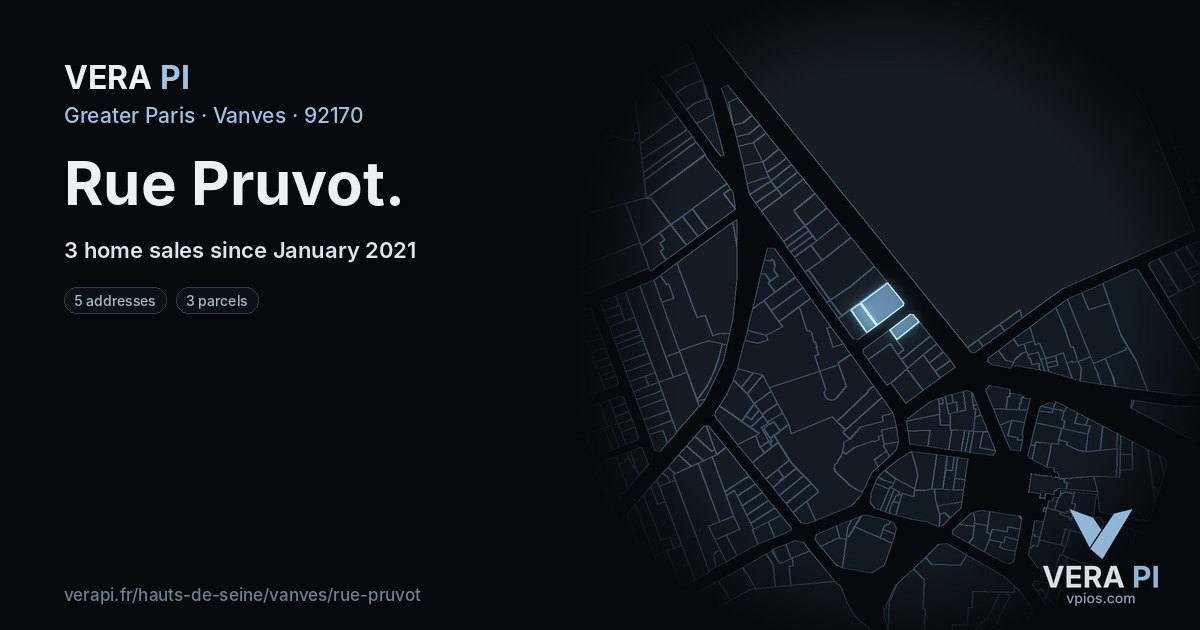 Rue Pruvot, Vanves at night – every parcel coloured by the prices around it, the street's own parcels lit