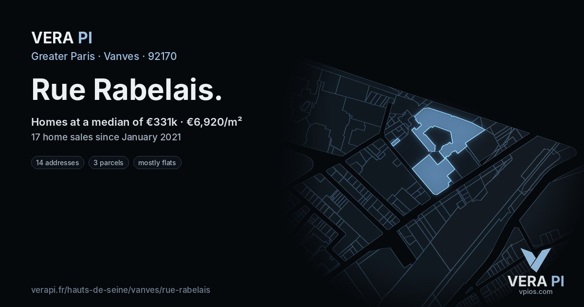 Rue Rabelais, Vanves at night – every parcel coloured by the prices around it, the street's own parcels lit