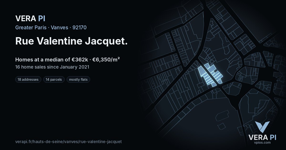Rue Valentine Jacquet, Vanves at night – every parcel coloured by the prices around it, the street's own parcels lit