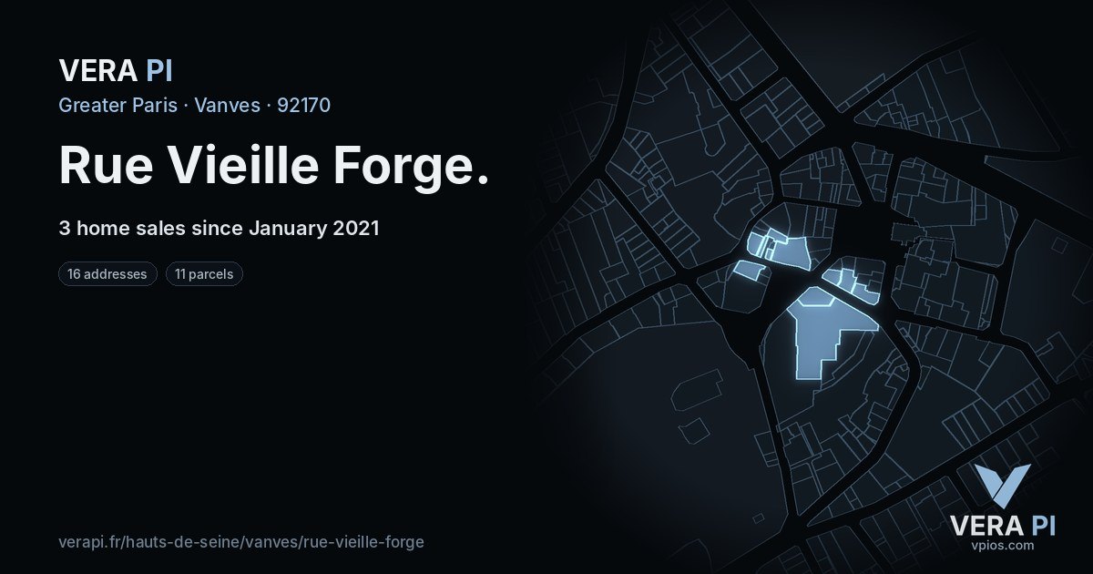 Rue Vieille Forge, Vanves at night – every parcel coloured by the prices around it, the street's own parcels lit