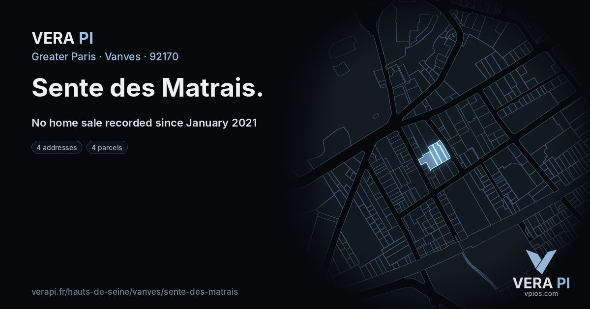 Sente des Matrais, Vanves at night – every parcel coloured by the prices around it, the street's own parcels lit