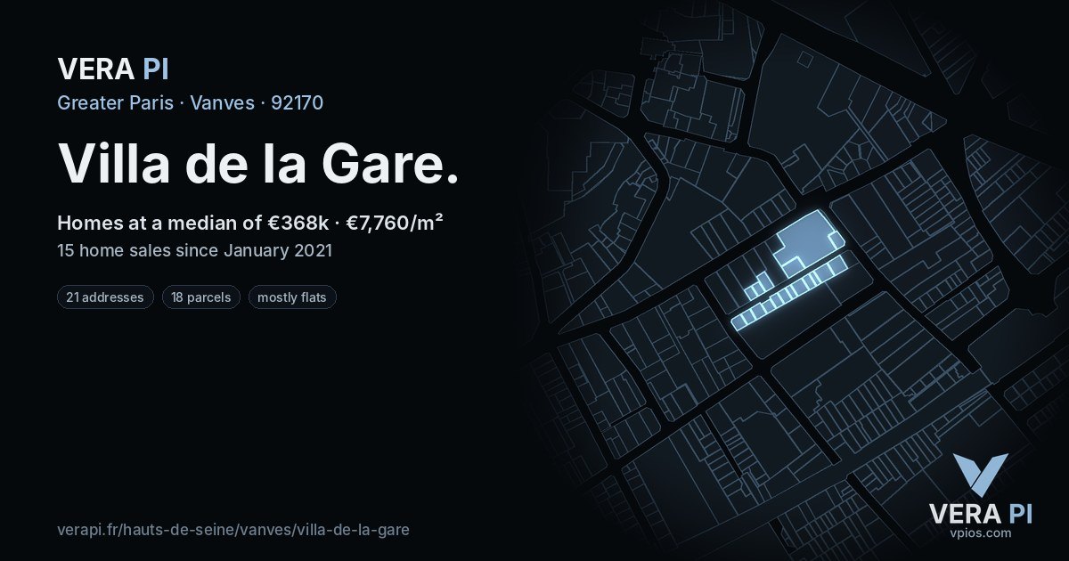 Villa de la Gare, Vanves at night – every parcel coloured by the prices around it, the street's own parcels lit