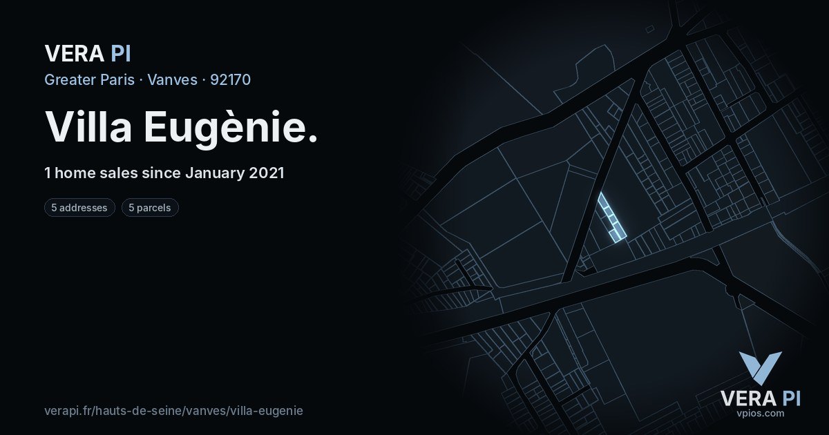 Villa Eugènie, Vanves at night – every parcel coloured by the prices around it, the street's own parcels lit