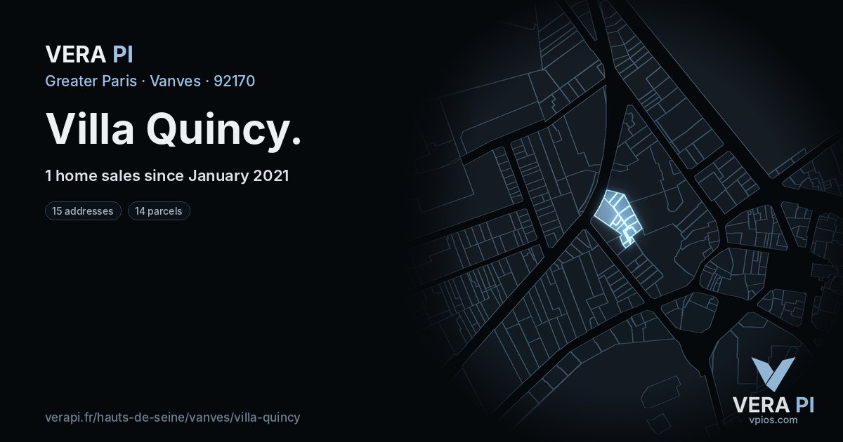 Villa Quincy, Vanves at night – every parcel coloured by the prices around it, the street's own parcels lit