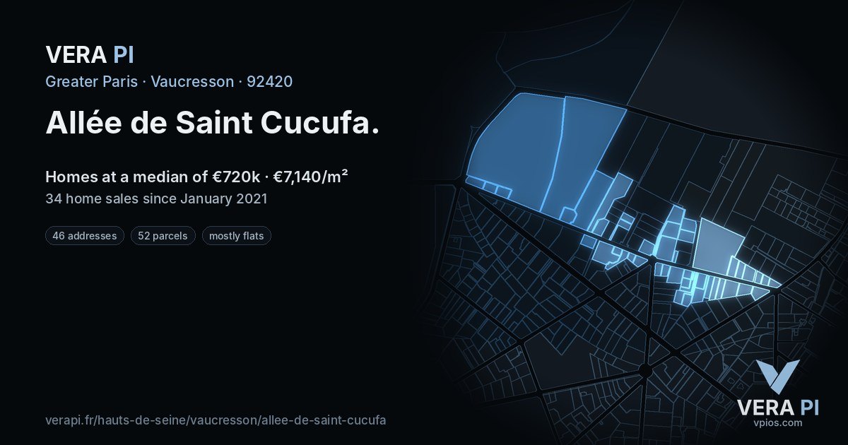 Allée de Saint Cucufa, Vaucresson at night – every parcel coloured by the prices around it, the street's own parcels lit