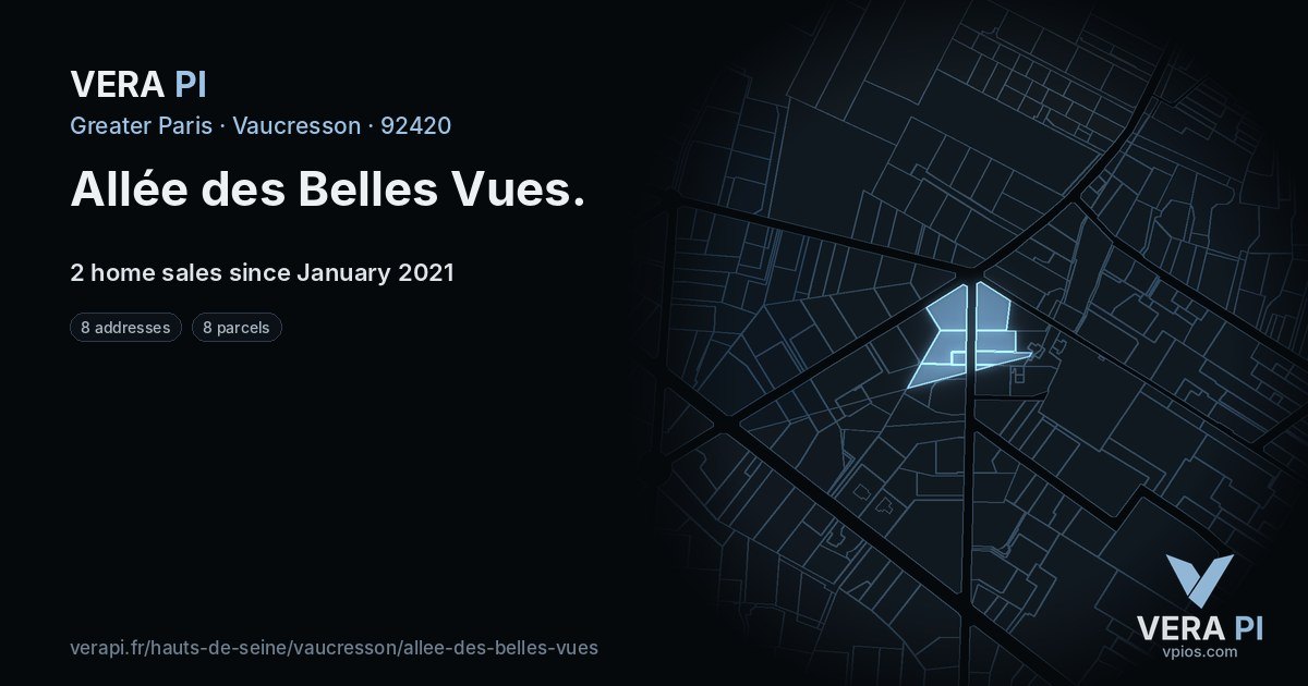 Allée des Belles Vues, Vaucresson at night – every parcel coloured by the prices around it, the street's own parcels lit