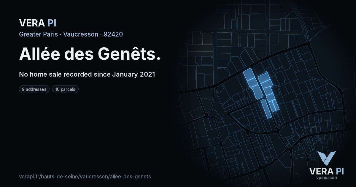 Allée des Genêts, Vaucresson at night – every parcel coloured by the prices around it, the street's own parcels lit