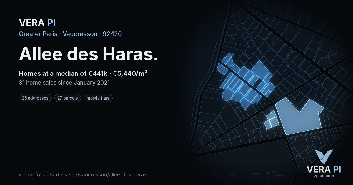 Allee des Haras, Vaucresson at night – every parcel coloured by the prices around it, the street's own parcels lit