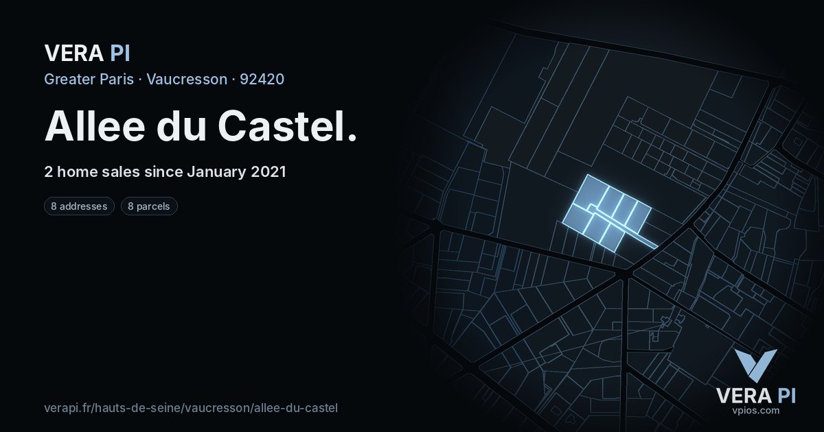 Allee du Castel, Vaucresson at night – every parcel coloured by the prices around it, the street's own parcels lit