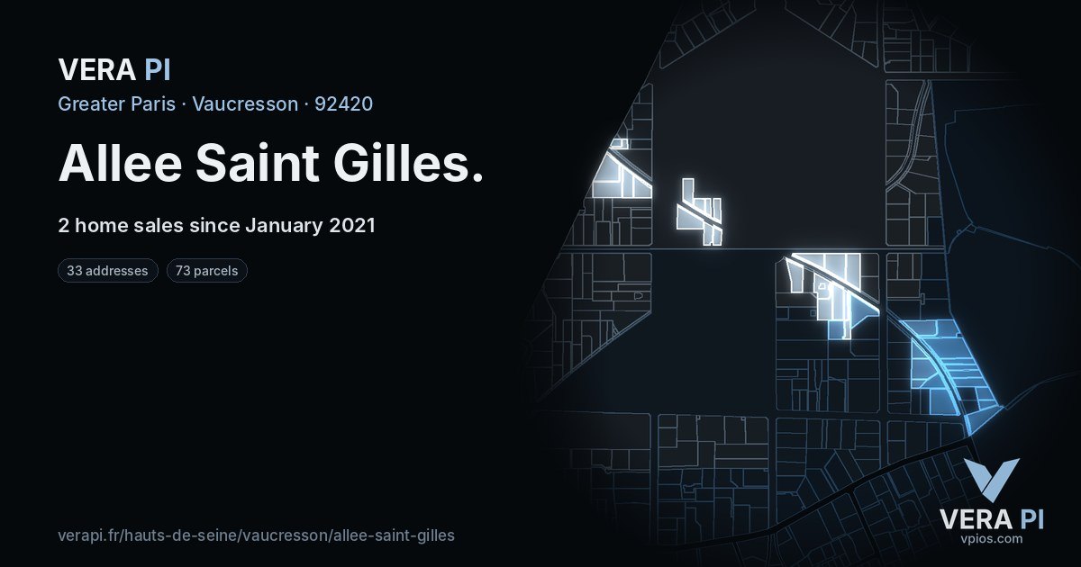 Allee Saint Gilles, Vaucresson at night – every parcel coloured by the prices around it, the street's own parcels lit