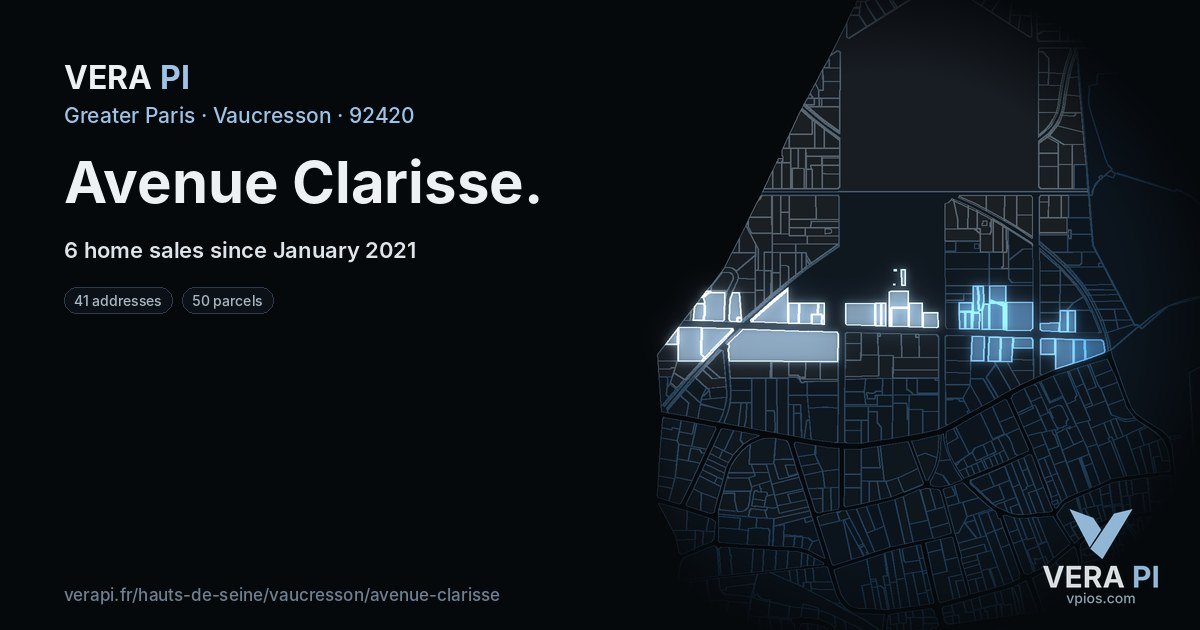 Avenue Clarisse, Vaucresson at night – every parcel coloured by the prices around it, the street's own parcels lit