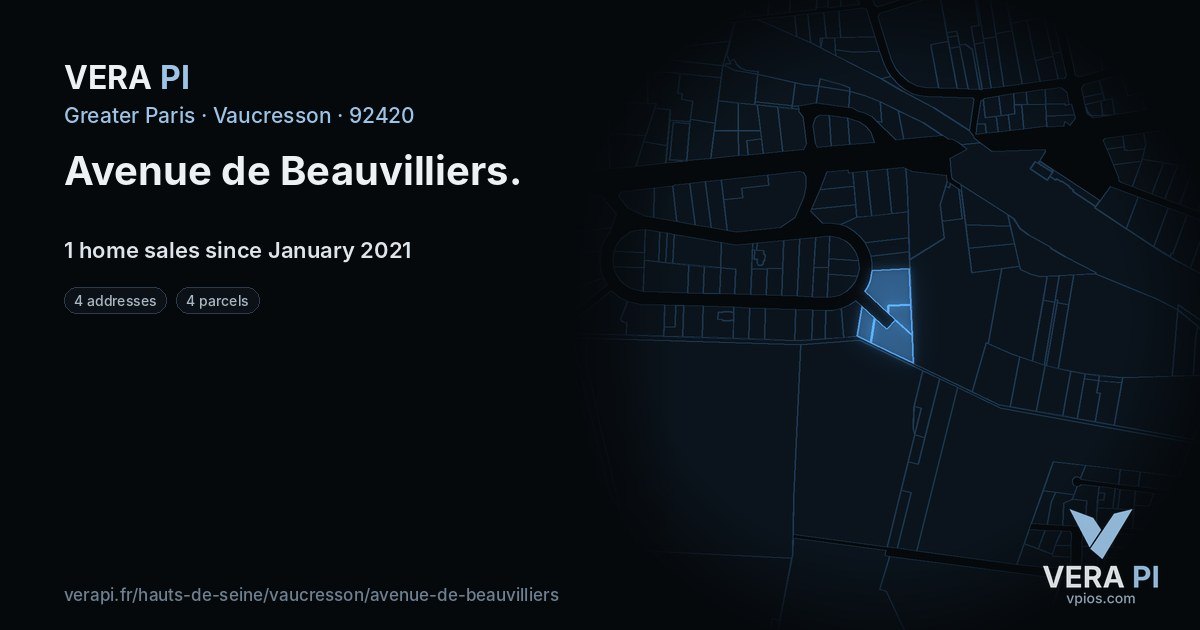 Avenue de Beauvilliers, Vaucresson at night – every parcel coloured by the prices around it, the street's own parcels lit
