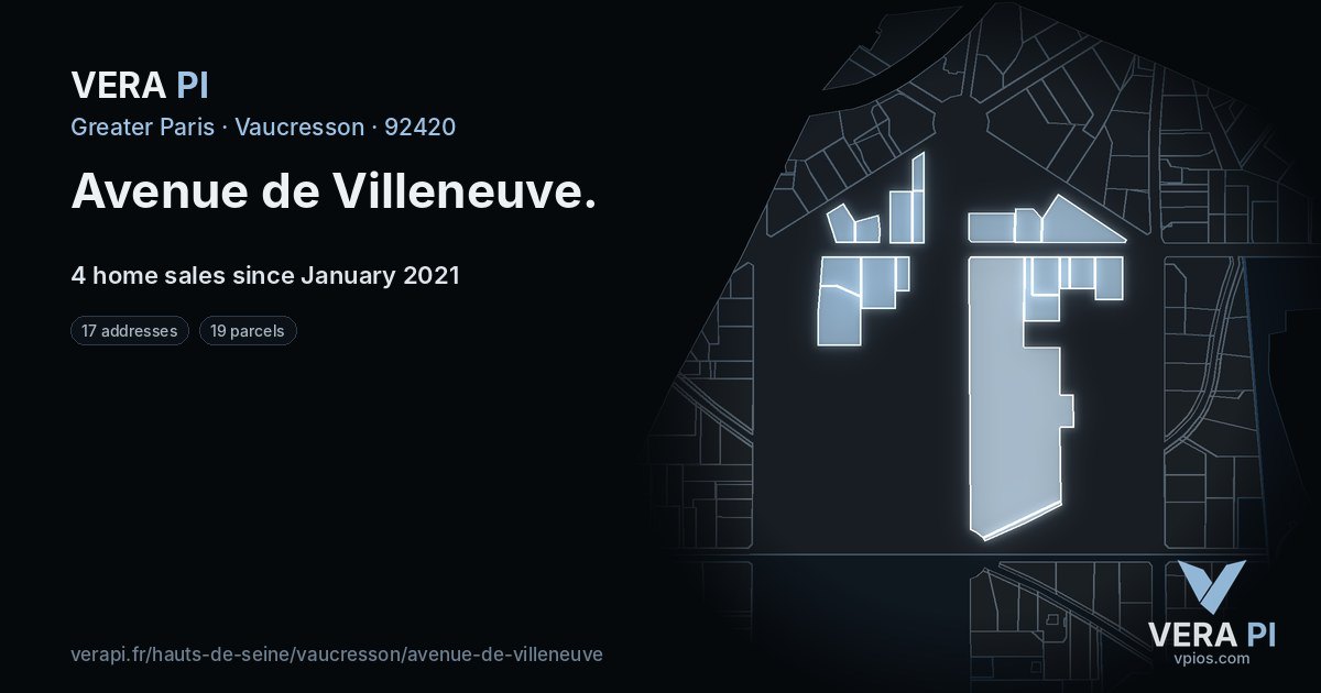 Avenue de Villeneuve, Vaucresson at night – every parcel coloured by the prices around it, the street's own parcels lit