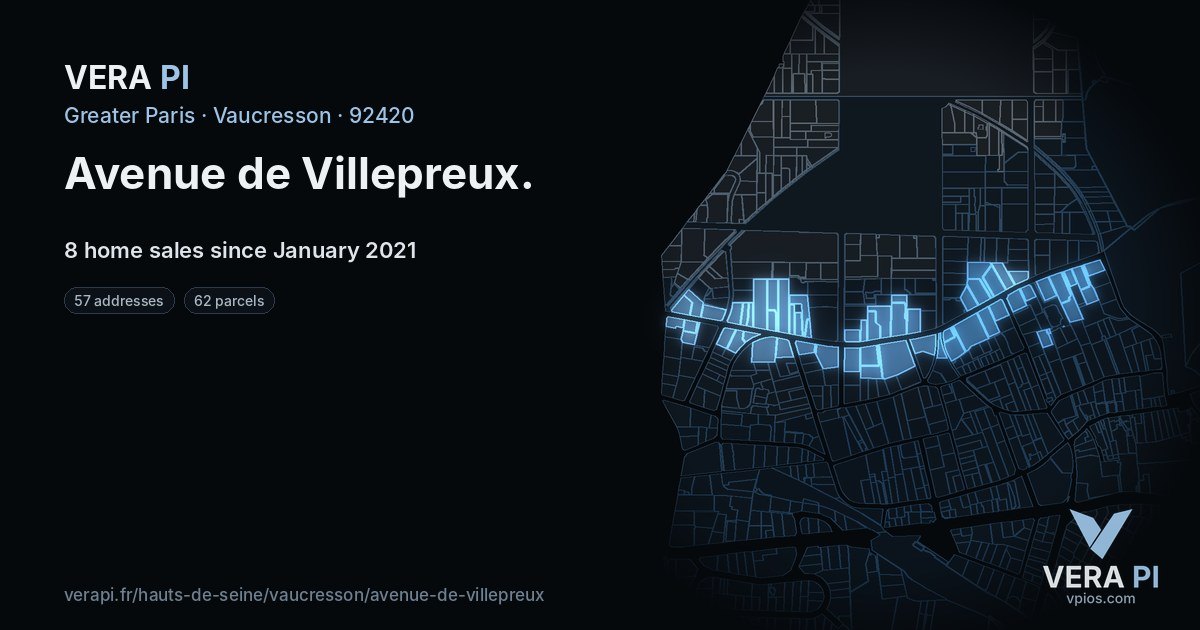 Avenue de Villepreux, Vaucresson at night – every parcel coloured by the prices around it, the street's own parcels lit