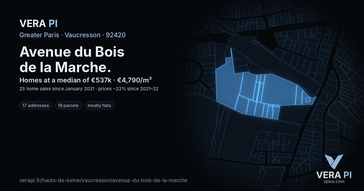 Avenue du Bois de la Marche, Vaucresson at night – every parcel coloured by the prices around it, the street's own parcels lit
