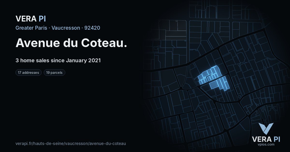 Avenue du Coteau, Vaucresson at night – every parcel coloured by the prices around it, the street's own parcels lit