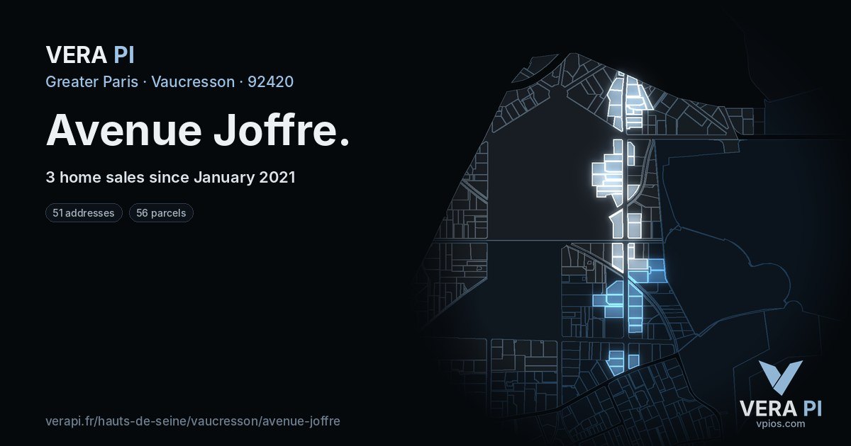 Avenue Joffre, Vaucresson at night – every parcel coloured by the prices around it, the street's own parcels lit