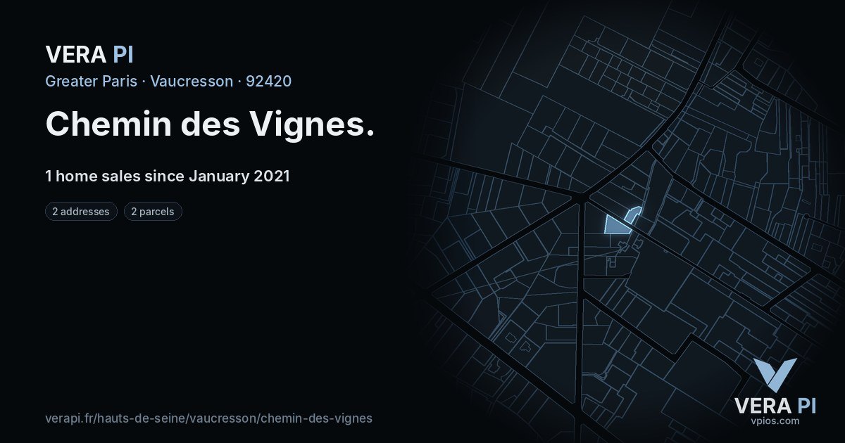Chemin des Vignes, Vaucresson at night – every parcel coloured by the prices around it, the street's own parcels lit