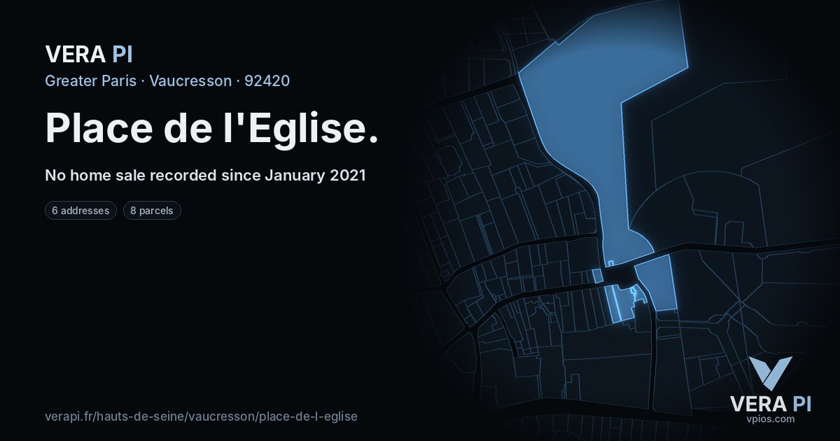 Place de l'Eglise, Vaucresson at night – every parcel coloured by the prices around it, the street's own parcels lit