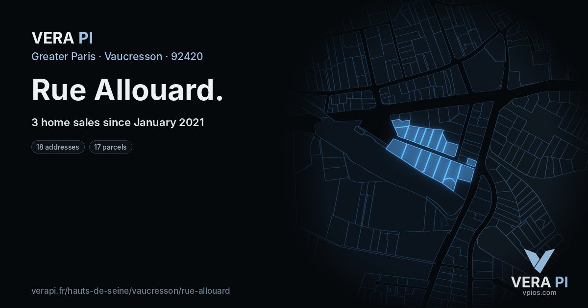 Rue Allouard, Vaucresson at night – every parcel coloured by the prices around it, the street's own parcels lit