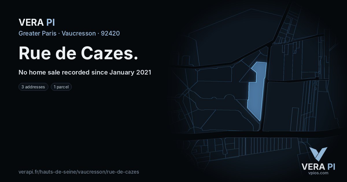Rue de Cazes, Vaucresson at night – every parcel coloured by the prices around it, the street's own parcels lit