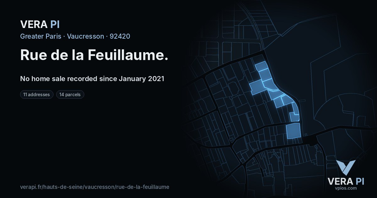 Rue de la Feuillaume, Vaucresson at night – every parcel coloured by the prices around it, the street's own parcels lit