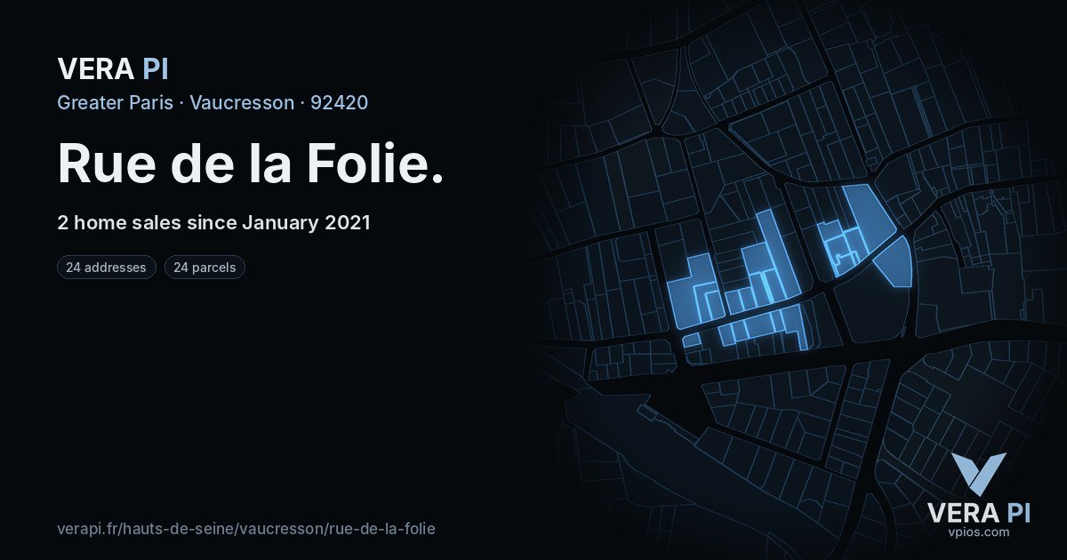 Rue de la Folie, Vaucresson at night – every parcel coloured by the prices around it, the street's own parcels lit