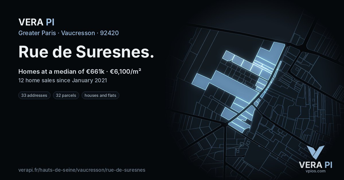 Rue de Suresnes, Vaucresson at night – every parcel coloured by the prices around it, the street's own parcels lit