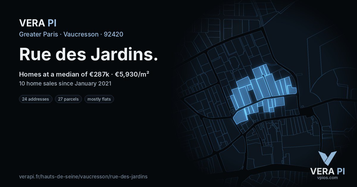 Rue des Jardins, Vaucresson at night – every parcel coloured by the prices around it, the street's own parcels lit