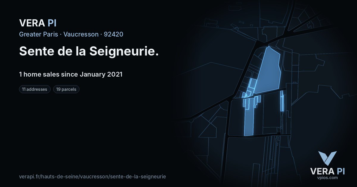 Sente de la Seigneurie, Vaucresson at night – every parcel coloured by the prices around it, the street's own parcels lit