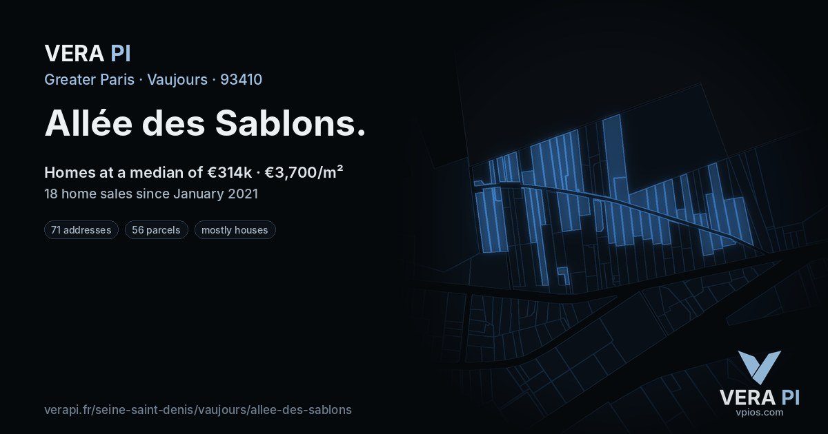 Allée des Sablons, Vaujours at night – every parcel coloured by the prices around it, the street's own parcels lit