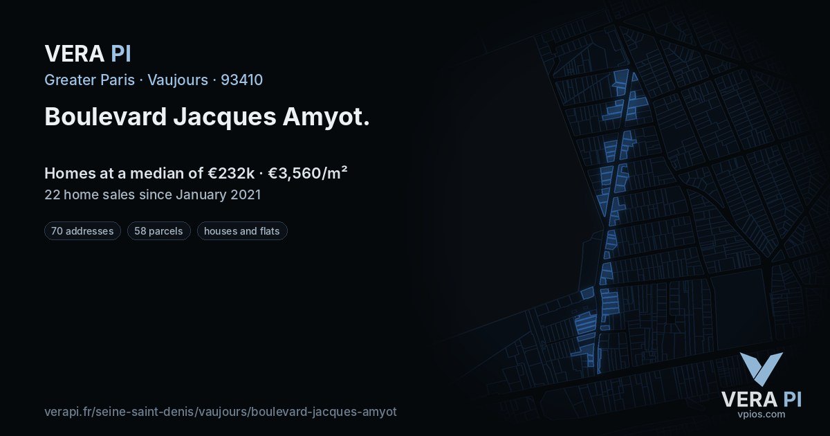Boulevard Jacques Amyot, Vaujours at night – every parcel coloured by the prices around it, the street's own parcels lit