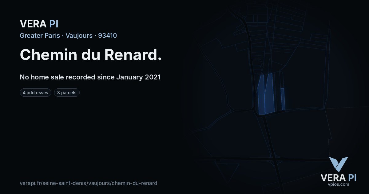Chemin du Renard, Vaujours at night – every parcel coloured by the prices around it, the street's own parcels lit