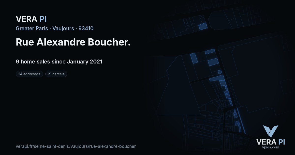 Rue Alexandre Boucher, Vaujours at night – every parcel coloured by the prices around it, the street's own parcels lit