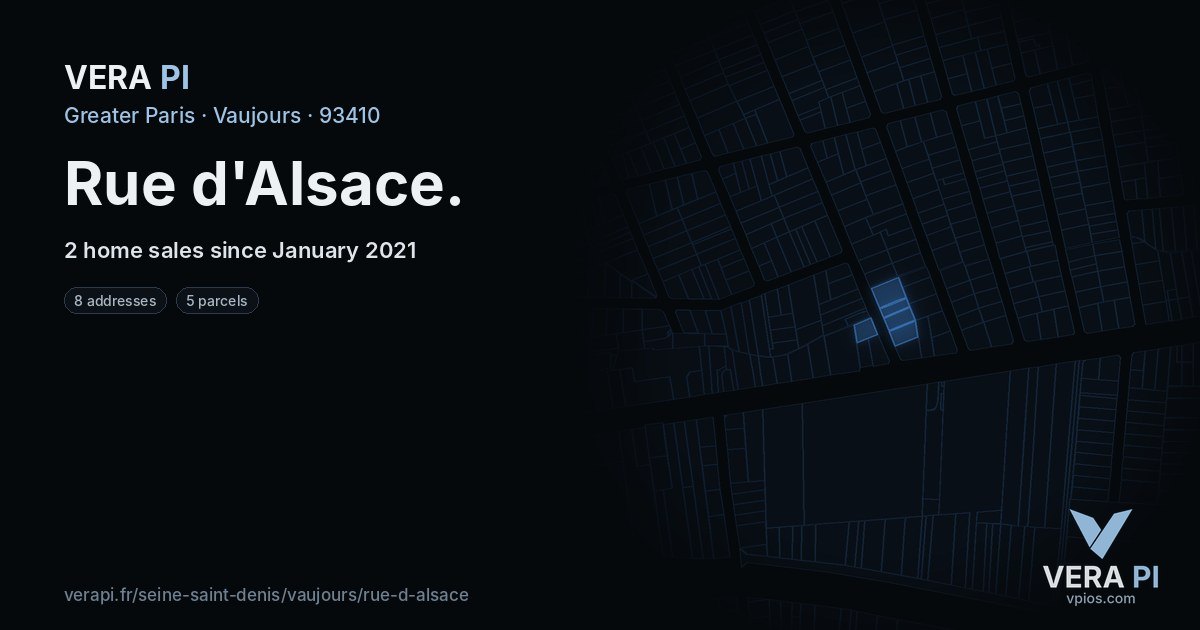 Rue d'Alsace, Vaujours at night – every parcel coloured by the prices around it, the street's own parcels lit