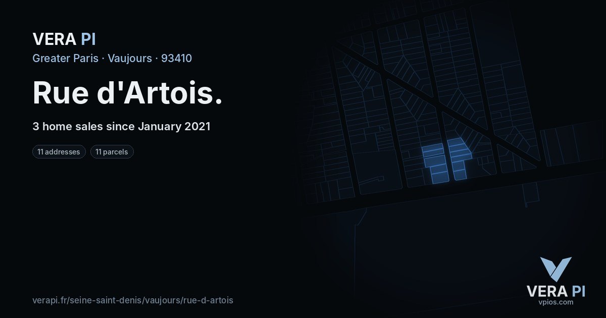 Rue d'Artois, Vaujours at night – every parcel coloured by the prices around it, the street's own parcels lit