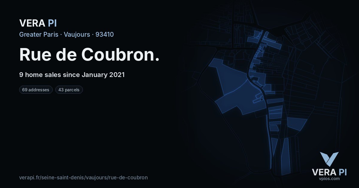 Rue de Coubron, Vaujours at night – every parcel coloured by the prices around it, the street's own parcels lit