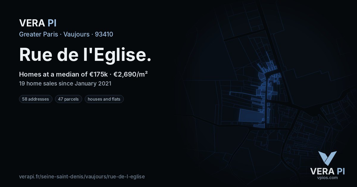 Rue de l'Eglise, Vaujours at night – every parcel coloured by the prices around it, the street's own parcels lit