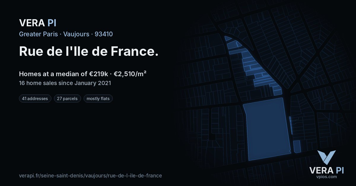 Rue de l'Ile de France, Vaujours at night – every parcel coloured by the prices around it, the street's own parcels lit