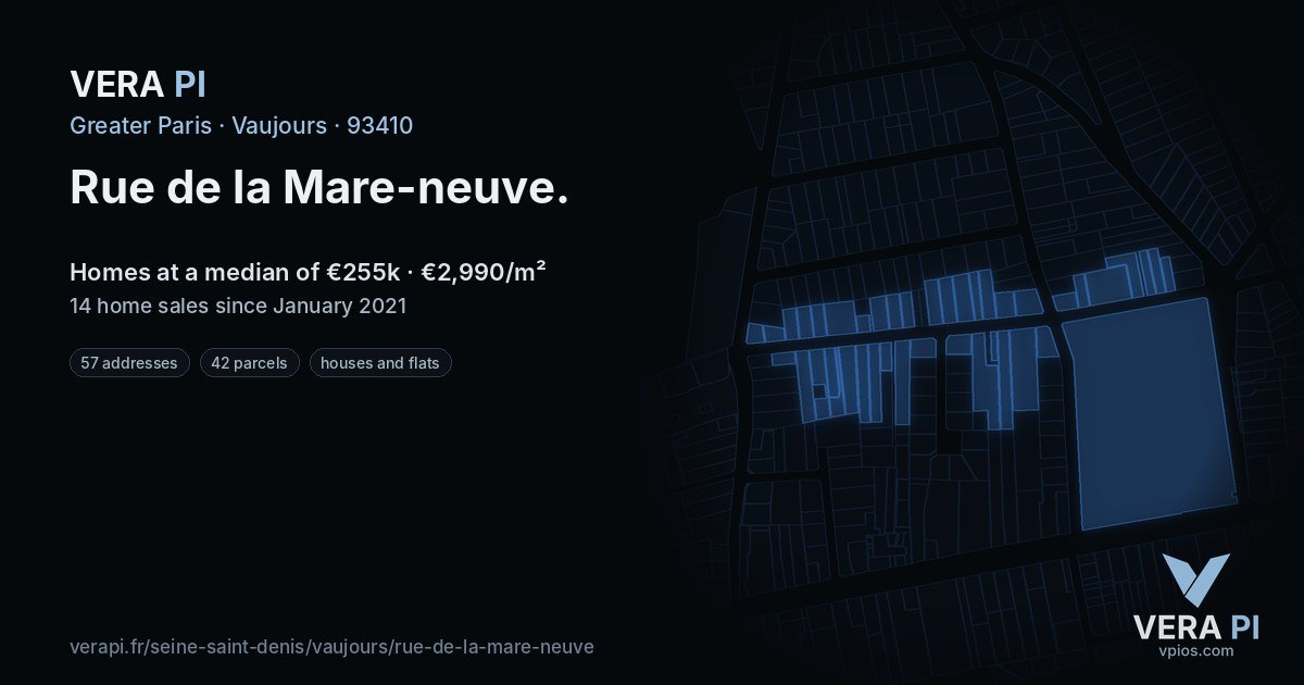 Rue de la Mare-neuve, Vaujours at night – every parcel coloured by the prices around it, the street's own parcels lit